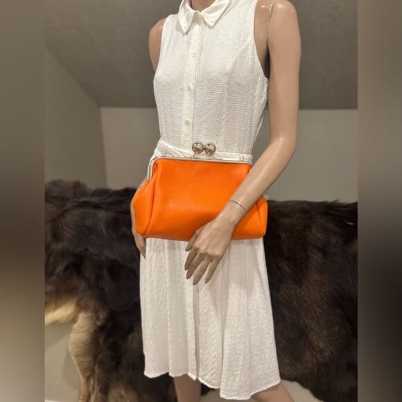 Orange Pebble Leather Handmade Large Balls Kiss Lock Handbag/ Multi Use Style - Picture 6 of 16